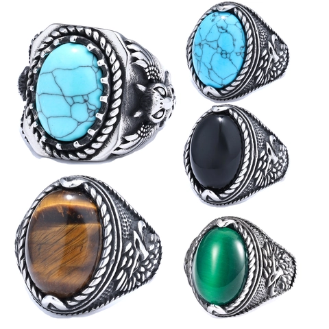 Anello In Acciaio Inossidabile Vintage Con Pietra Occhio Di Tigre Turchese Inciso Aquila Gioielli Punk Biker Per Uomini