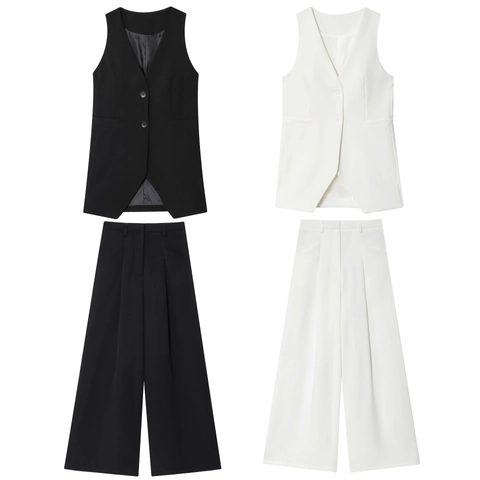 Chaleco Sin Mangas Con Cuello En V Para Mujer Y Pantalones De Pierna Ancha Plisados De Cintura Alta Poliéster Casual De Negocios Oficina Streetwear