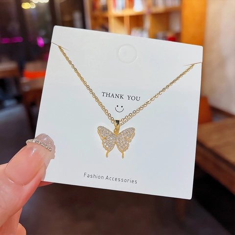 Vlinder Hanger Ketting Titanium Staal Zirkoon Ingelegd Verguld Verstelbare Ketting Sieraden Voor Dames
