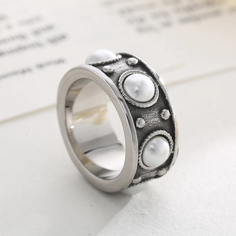 Anillo Ancho Vintage De Acero Inoxidable Con Perlas Artificiales Artificiales Acabado Plateado Envejecido Estilo Bohemio Para Mujer