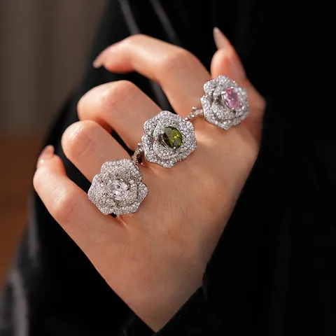 Roos Bloem Open Ring Koper Met Glinsterende Zirconia Ovale Edelsteen Verstelbare Elegante Luxe Sieraden Voor Dames