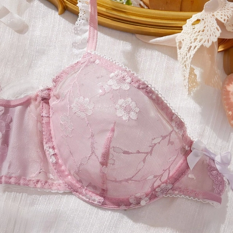 Lingerie Dentelle Rose Sexy Broderie Florale Soutien Gorge Et String Mesh Push Up Armatures Respirant Romantique Femmes
