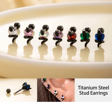 Black Snake Heart Cubic Zirconia Stud Earrings Stainless Steel Screw Back Piercing Punk Gothic Jewelry For Women