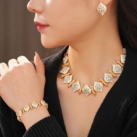 Vintage Bohemian Necklace Bracelet Earrings Alloy Enamel Rhinestone Heart Pattern Jewelry With Silver Earring Post For Women