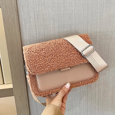 Dames Mode Lamswol PU Leer Patchwork Crossbody Tas Zacht Fleece Kleine Vierkante Schoudertas Met Brede Verstelbare Band