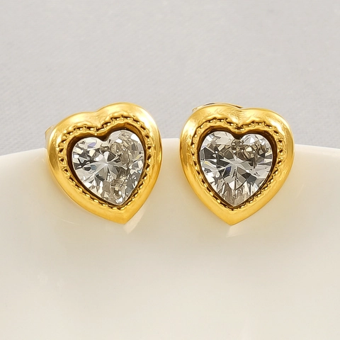 Boucles Oreilles Puces Cœur Acier Inoxydable Plaqué Or 18K Zircon Rhinestone Bordure Perles Bijoux Mode Femmes