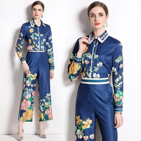 Completi In Raso Da Donna Con Stampa Floreale Camicia A Maniche Lunghe E Pantaloni A Gamba Larga