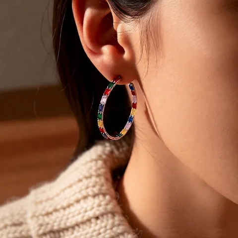 Colorful Baguette Zircon Large Hoop Earrings With Silver Earring Post Vintage Fashion Jewelry For Women
