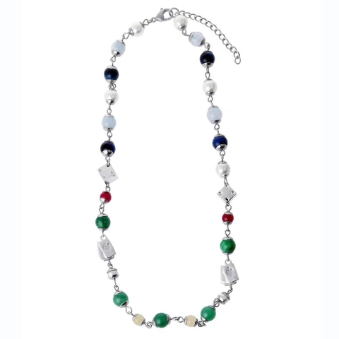 Stainless Steel Beaded Necklace With Poker Card And Dice Pendants Multicolored Beads Streetwear Style For Men Women