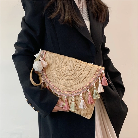 Straw Woven Clutch Bag Bohemian Ethnic Style Crossbody Shoulder Bag With Colorful Tassels Pom Poms Beach Vacation Women