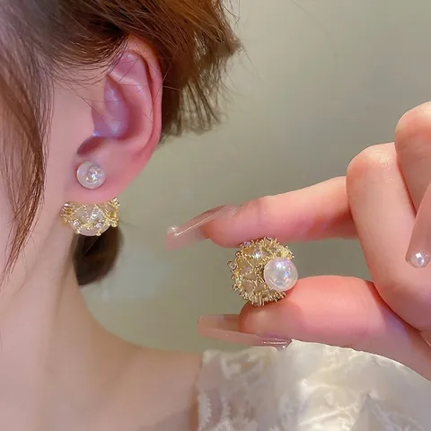 Double Sided Artificial Pearl Stud Earrings With 925 Sterling Silver Earring Post Crown Holographic Rhinestone Elegant For Women