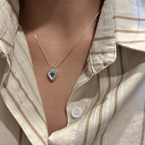 Collana In Argento Sterling 925 Con Pendente A Cuore In Zircone Blu Texture Martellata Catena Per Clavicola Minimalista