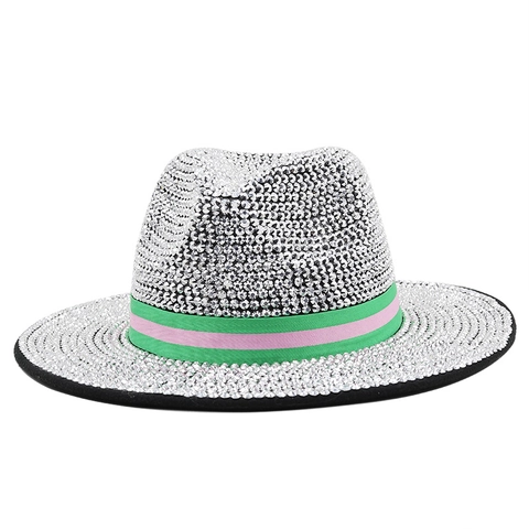 Cappello Fedora Di Lusso Con Strass Argento Tesa Larga Berretto Jazz Retrò Con Fascia A Righe Verde Rosa Per Palcoscenico Festa Spettacolo