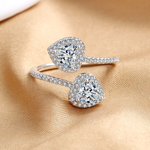 Doppelherz Offener Ring Kupfer Zirkon Eingelegt Verstellbar Elegant Romantisch Modeschmuck Für Damen