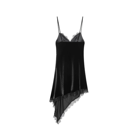 Schwarzes Samt Slip Minikleid Mit Spitzenbesatz Asymmetrischem Saum Tiefem V-Ausschnitt Spaghetti-Trägern Für Damen