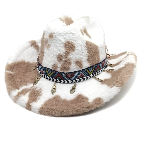 Cappello Da Cowboy Stampa Mucca Pelliccia Sintetica Peluche Western Tesa Larga Con Fascia Etnica Ciondoli In Metallo Retrò