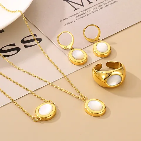 French Style Oval White Cat Eye Stone Jewelry Titanium Steel Necklace Bracelet Leverback Earrings Adjustable Ring Women