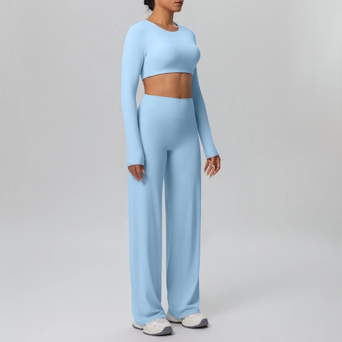 Dames Yoga Workout Crop Top Met Lange Mouwen En Broek Met Hoge Taille En Wijde Pijpen Ademend Sneldrogend Sportkleding