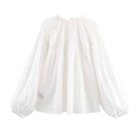 Women White Ruffle Stand Collar Long Sleeve Blouse Pleated Lantern Sleeve Lace Trim Polyester Shirt