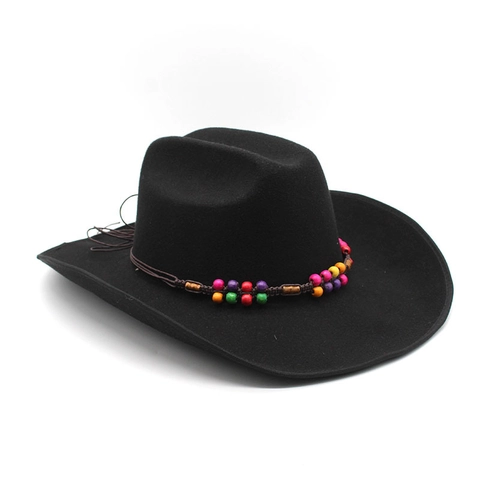 Western Cowboy Hat Woolen Felt Wide Brim Ethnic Colorful Beaded Band Tassels Vintage Fedora For Men Women