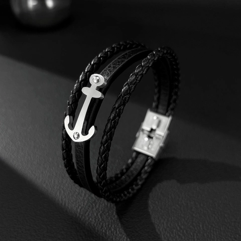 Herren Anker Mehrlagiges Geflochtenes Lederarmband Mit Edelstahlschnalle Vintage Punk Mode Schmuck Zubehör