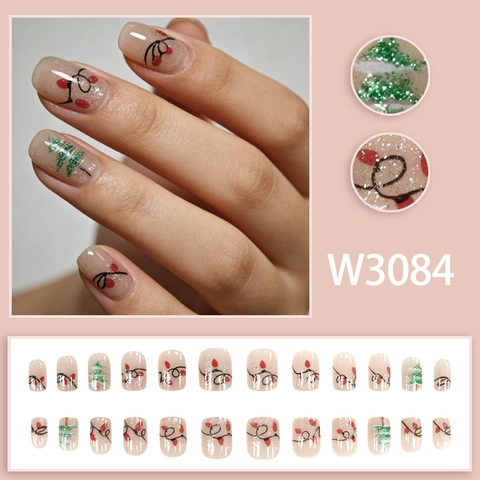 Uñas Postizas De Navidad Diseño Árbol Y Lámpara Brillo Rosa Nude Cuadrado Redondo Para Manicura De Vacaciones
