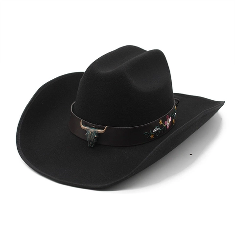 Western Cowboy Hoed Brede Rand Wolvilt Met Metalen Stiernkops En Bloemmotief Borduurwerk Retro Etnische Stijl
