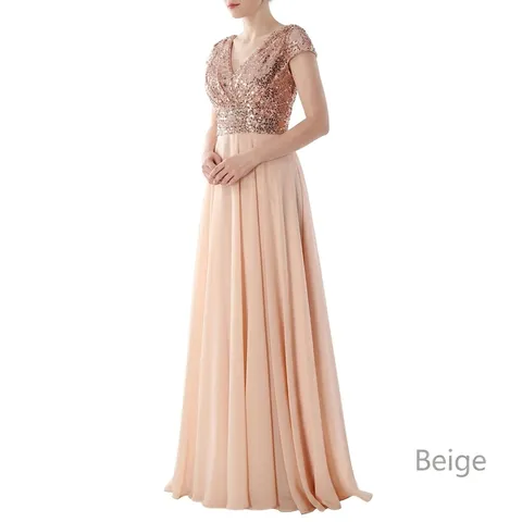 Women Elegant V-Neck Sequin Patchwork Chiffon Evening Gown Sleeveless High Waist Pleated Maxi Party Dress For Wedding Guest