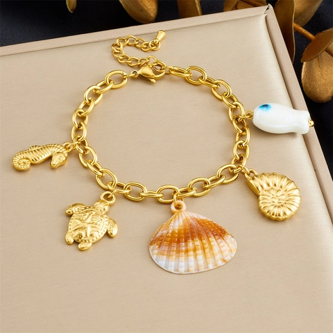 Pulsera De Amuletos De Acero Inoxidable Bañada En Oro Océano Tortuga Marina Caballito De Mar Concha Ojo Playa