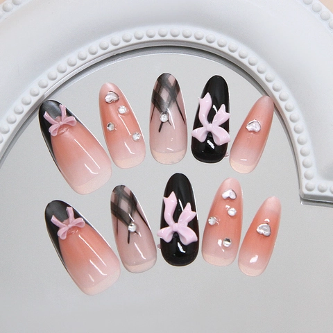 Handgemaakte Press On Nagels Amandelvorm Roze 3D Strik Hart Strass Zwart Roze Gradiënt Ruit Zoet Stoer Stijl Voor Vrouwen