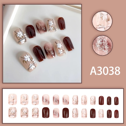 White Flower Press On Nails Caramel Brown Nude Pink Glossy Glitter Gradient Square Round Elegant Manicure Daily Accessory