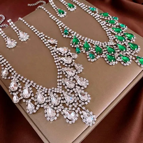 Luxus Halskette Und Ohrringe Schmuck Kupfer Strass Geometrische Fransen Braut Hochzeit Abendparty Für Damen