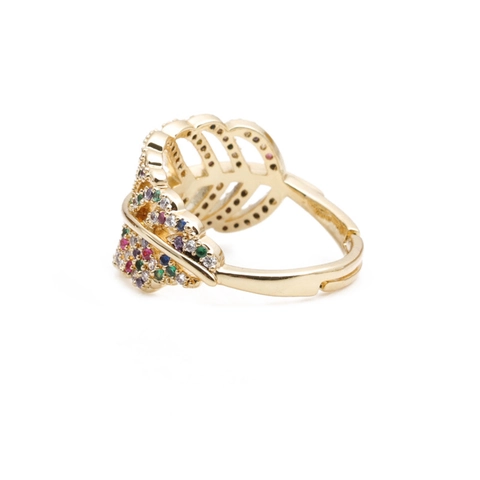 Leaf Shaped Adjustable Open Ring Copper Colorful Zircon Micro Pave Fashion Jewelry For Women Girls Gift