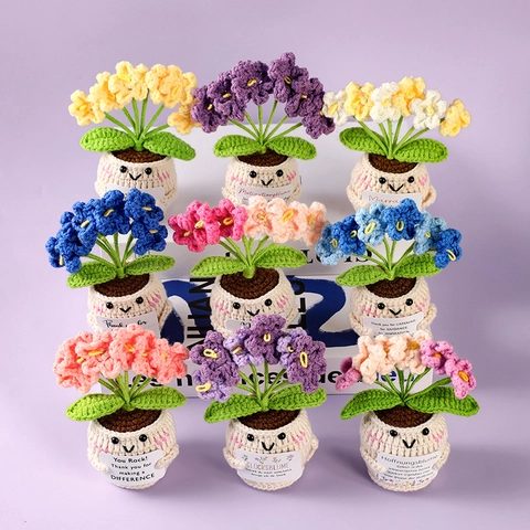 Handmade Crochet Potted Flower Ornament Yarn Knitted Desk Figurine With Positive Slogan Gift Home Office Table Decor