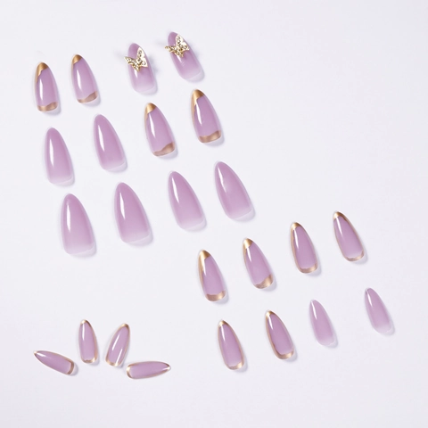 Long Almond Press On Nails Purple Gradient Gold Foil Edge With 3D Butterfly Rhinestone Full Cover Artificial Fake Nails