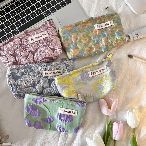 Trousse de Maquillage Florale Gaufrée Française Pochette de Toilette Portable Sac à Main à Fermeture Éclair Sac de Rangement Cosmétique Pour Femmes