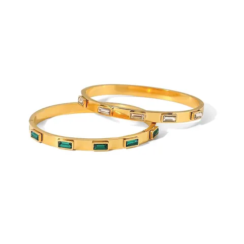 Dames Armring Roestvrij Staal 18K Verguld Zirkonia Ingelegd Smaragdgroene Steen Minimalistische Geometrische Sieraden