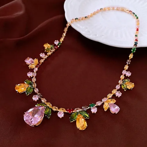 Jewelry For Women Colorful Zircon Waterdrop Leaf Copper Necklace And Earrings Luxury Fashion Party