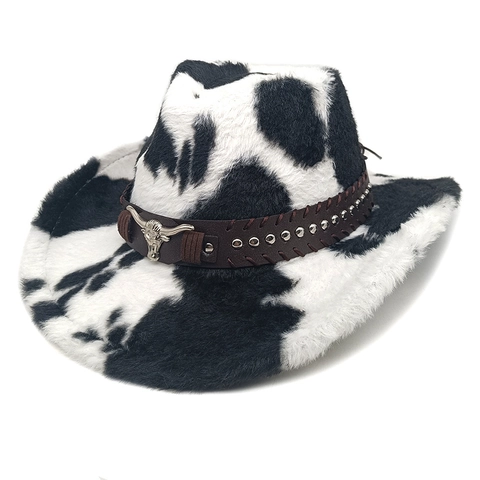Cow Print Cowboy Hat Faux Fur Plush Wide Brim With Metal Bull Head Rivet Leather Belt Western Style Winter Warm For Women