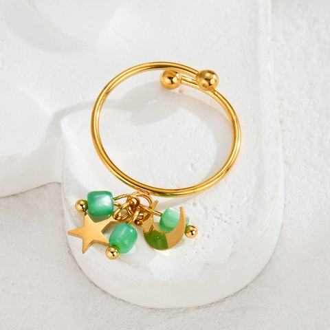 Anillo Ajustable De Acero Inoxidable Chapado En Oro Con Colgantes De Estrella Luna Y Cuentas Ojo De Gato Estilo Bohemio