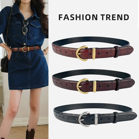 Vintage Damen Ledergürtel Echtes Rindsleder Krokodilmuster Retro Dornschließe Legierung Für Jeans Hosen Nische