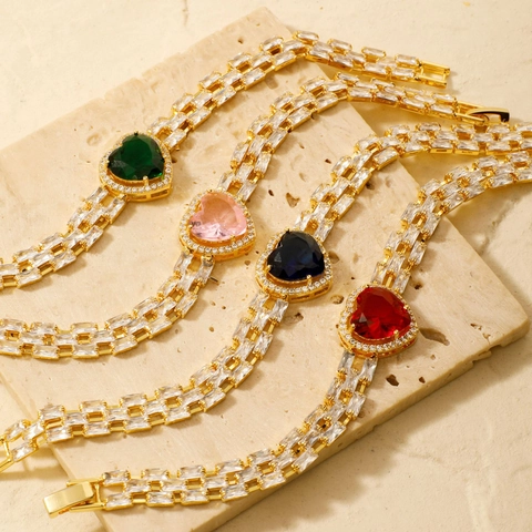 Fashion Copper Heart Shaped Bracelet For Women Gold Plated Double Row Rhinestone Heart Pendant Luxury Jewelry Gift