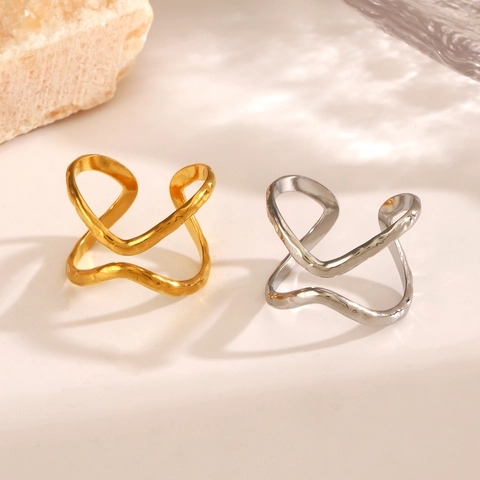 Anello In Acciaio Inossidabile Design Minimalista A Onde Linee A Doppio Strato Trama Martellata Regolabile Gioielli Di Moda Per Donne