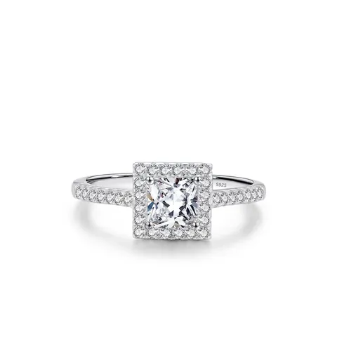 Anello In Argento Sterling 925 Quadrato Taglio Princess Zirconia Cubica Halo Geometrico Gioielli Eleganti Unici Donna