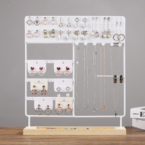 Jewelry Display Stand Metal And Wood Earring Organizer Necklace Holder Desktop Rack For Rings Bracelet Storage