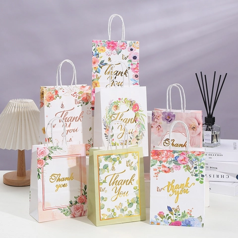 Gift Paper Bags With Handles Floral Printed Gold Stamping Thank You White Kraft Handbags Wedding Party Favors Packaging