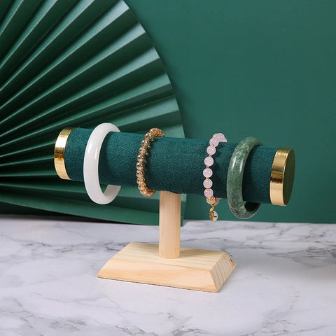 Solid Wood T-Bar Jewelry Display Stand Bracelet Holder Watch Bangle Organizer Showcase With Velvet PU Leather Surface