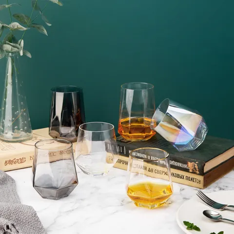 Bicchiere Esagonale Geometrico Cangiante Bordo Dorato Cristallo Acqua Succo Caffè Whiskey Vetreria Resistente Al Calore