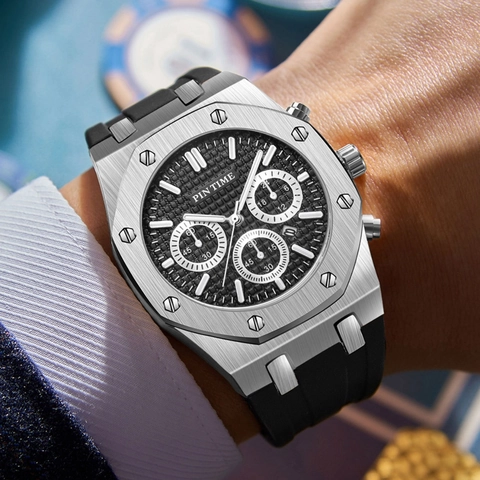 Men Quartz Watch Chronograph Sporty Waterproof Alloy Case Silicone Strap Luxury Octagonal Casual Business Wristwatch
