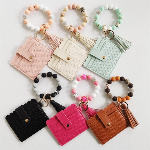 Silicone Wood Beaded Bracelet Keychain PU Leather Card Holder Wallet Tassel Wristlet Bangle Accessories For Women